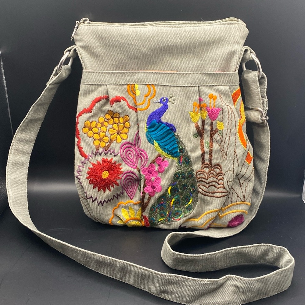 Embroidered Peacock Design Hobo Bag - Gray